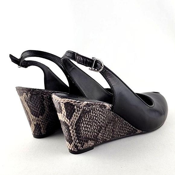 ARTURO CHIANG Black Leather Reptile Print Wedge Slingback Shoe Peep Toe Sz 7.5M - Picture 6 of 16